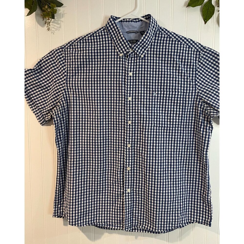 Izod Mens Blue & White Gingham Short Sleeve Button-Down Shirt 2XL 100% Cotton